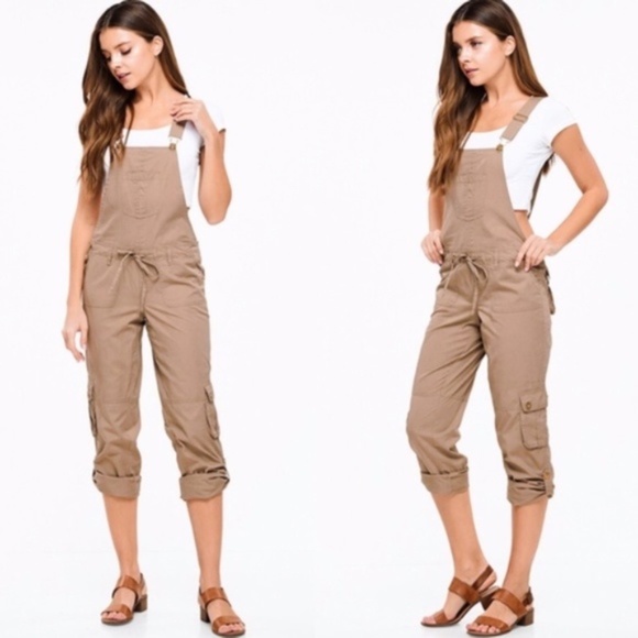 013 boho Tan Capri Pockets overall jumpsuit - Picture 2 of 3